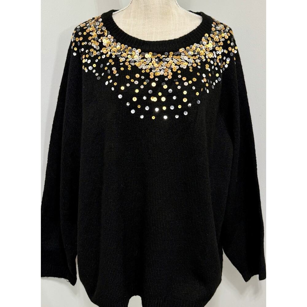 Ellos Womens Sweater Sz 22/24 Black W/ Gold Sequin Neckline Holiday New Years